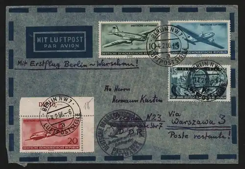 B13038 DDR Luftpost Brief Erstflug Berlin NW 7 Warschau Luftpoststelle 1956