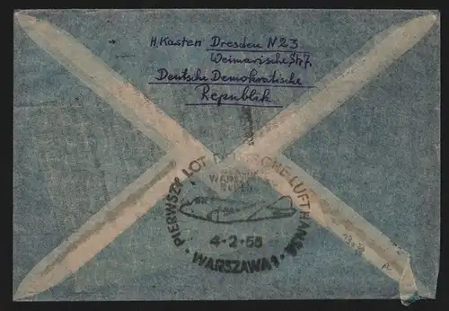 B13038 DDR Luftpost Brief Erstflug Berlin NW 7 Warschau Luftpoststelle 1956