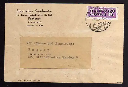 B1866 DDR ZKD 11 Kontrollnummer 4012 Brief Rathenow geprüft BPP Staatliches Krei