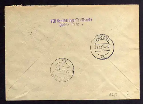 B2257 DDR ZKD 7 Brief VEB Nordthüringer Textilwerke Bleicherode Harz 1957