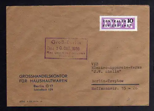 B2418 Brief DDR ZKD 6 1956 Großhandeskontor für Haushaltwaren Berlin nach Berlin