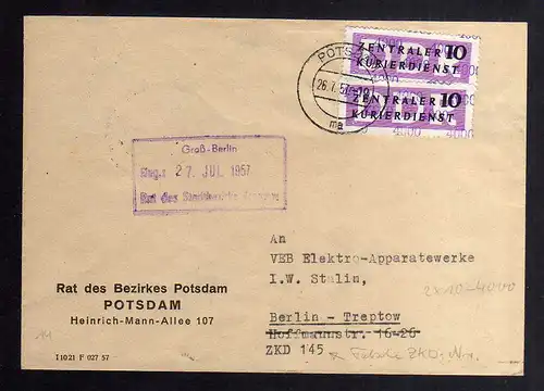 B2451 Brief DDR ZKD 2x 10 4000 1957 Rat des Bezirkes Potsdam nach Berlin O 17