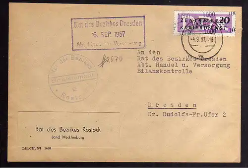 B2428 Brief DDR ZKD 11 1000 1957 Rat des Bezirkes Rostock nach Rat des Bezirkes
