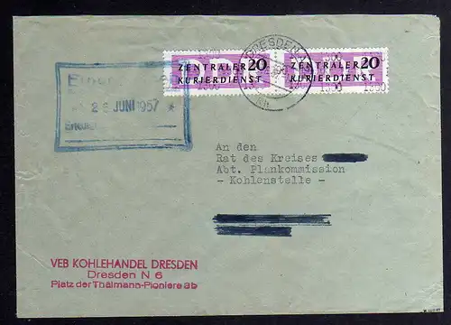 B1502 DDR ZKD 2x 15 Kontrollzahl 1300 Brief Dresden geprüft BPP VEB Kohlehandel