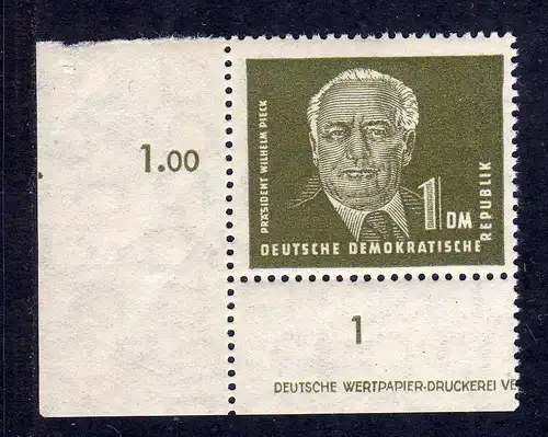 962 DDR 1952 325 zXII ** Bogenecke 3 links unten mit Teil DV Druckvermerk