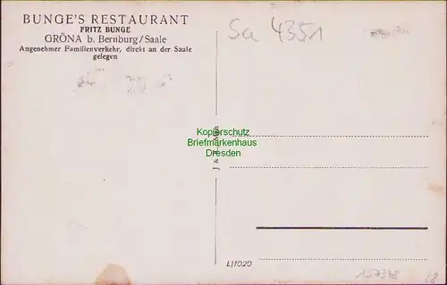 157348 AK Gröna bei Bernburg Saale um 1930 Restaurant Fritz Bunge