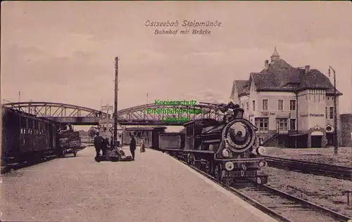 156503 AK Ostseebad Stolpmünde Bahnhof mit Brücke 1912 Ustka