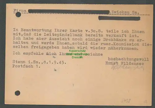 B5798 Gebühr bezahlt 1945 Postkarte Lichtentanne Stenn