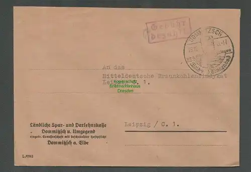B5739 Gebühr bezahlt 1945 Brief Dommitzsch Ländliche Spar- und Darlehnskasse
