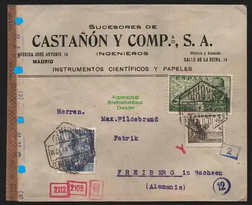 B11277 Brief Madrid Spanien 1942 vielfach zensiert Juan de la Cierva
