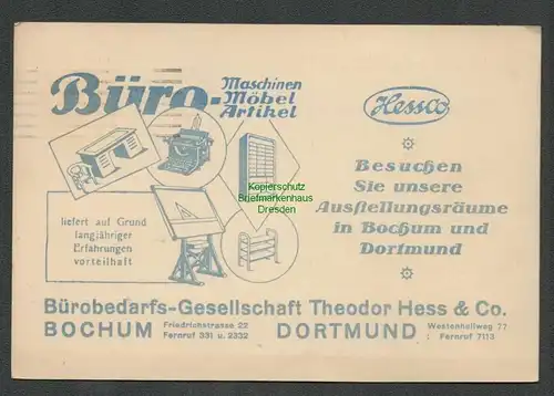 B-5405 Bochum Dortmund Reklame Karte 1923 Hess & Co. Bürobedarfs Gesellschaft