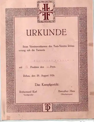 94912 AK Turn und Sportfeste Urkunde Rehau 1926 Oberfranken