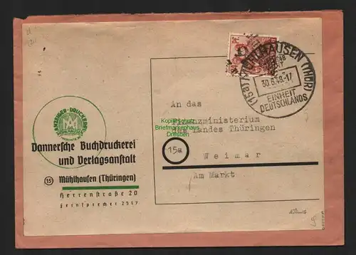 h4697 SBZ Bezirkshandstempel Bezirk 16 Mühlhausen 30.6. Brief Buchdruckerei an