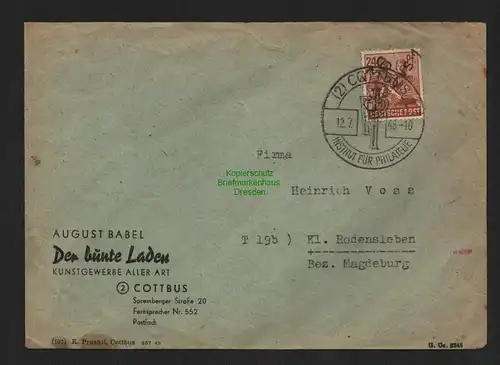 h4738 SBZ Bezirkshandstempel Bezirk 36 Cottbus Brief Kunstgewerbe Rodensleben