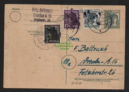 h4529 SBZ Bezirkshandstempel Bezirk 14 Postkarte mit 3x Dresden 24 viol. g. BPP