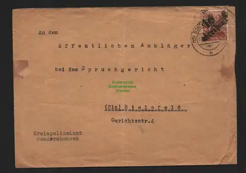 h4702 SBZ Bezirkshandstempel Bezirk 16 Sondershausen Brief Kreispolizeiamt nach