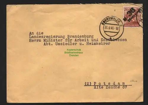 h4667 SBZ Bezirkshandstempel Bezirk 36 Eberswalde Brief 30.6. an Landesregierung