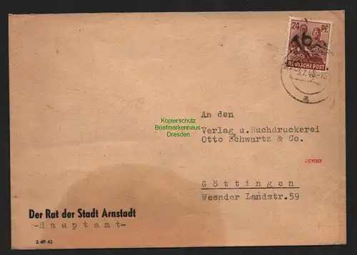 h4682 SBZ Bezirkshandstempel Bezirk 16 Arnstadt Brief 5.7. nach Göttingen gepr.