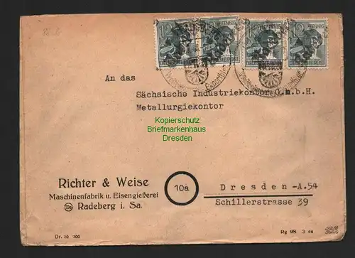 h4326 SBZ Bezirkshandstempel Bezirk 14 Doppelbrief Radeberg 3.7.48 Richter & Wie