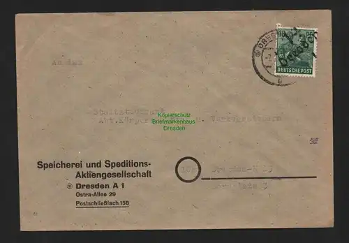 h4420 SBZ Bezirkshandstempel Bezirk 14 Ortsbrief Dresden 1a Speicherei Spedition