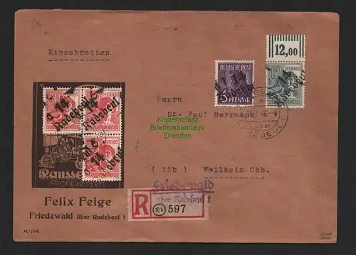 h4345 SBZ Bezirkshandstempel Bezirk 14 R-Brief Radebeul Friedewald n. Weilheim
