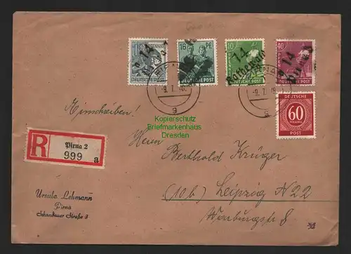 h4354 SBZ Bezirkshandstempel Bezirk 14 R-Brief Pirna nach Leipzig mit Pirna 3, G