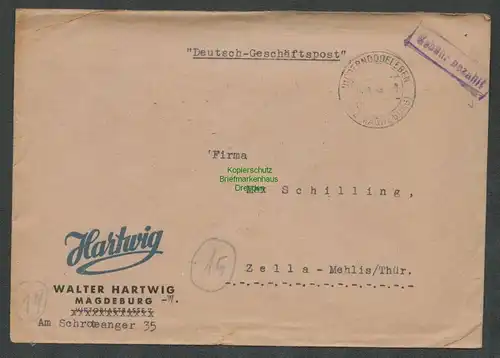 B6083 Brief SBZ Gebühr bezahlt 1945 Niederndodeleben Bz. Magdeburg nach Zella