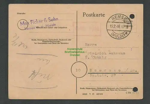 B6101 Postkarte SBZ Gebühr bezahlt 1946 Remse Mulde Max Ficker & Sohn