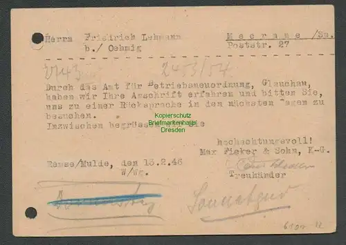 B6101 Postkarte SBZ Gebühr bezahlt 1946 Remse Mulde Max Ficker & Sohn