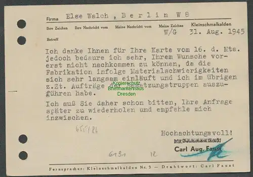 B6191 Postkarte SBZ Gebühr bezahlt 1945 Kleinschmalkalden Lederwarenfabrik Faust