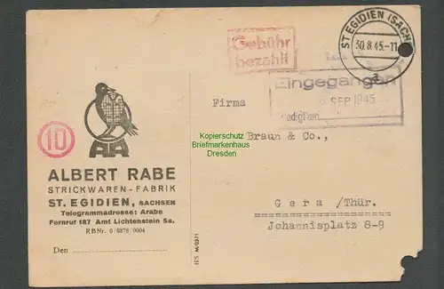 B6194 Postkarte SBZ Gebühr bezahlt 1945 St. Egidien Strickwaren Fabrik Albert