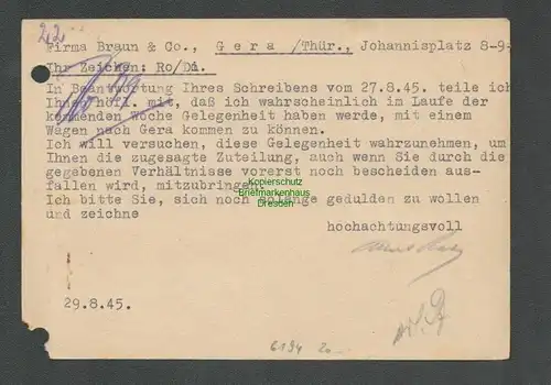 B6194 Postkarte SBZ Gebühr bezahlt 1945 St. Egidien Strickwaren Fabrik Albert