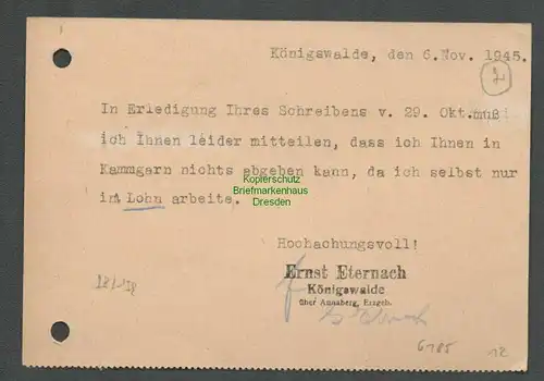 B6185 Postkarte SBZ Gebühr bezahlt 1945 Königswalde über Annaberg Erzgebirge