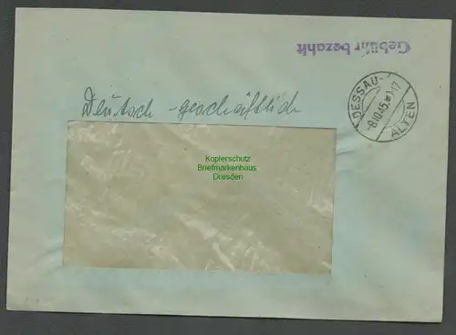 B6198 Brief SBZ Gebühr bezahlt 1945 Dessau Alten