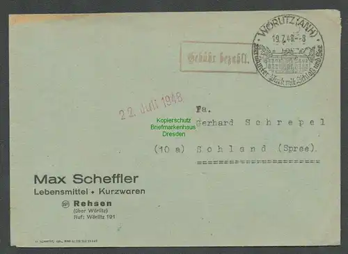 B6157 Brief SBZ Gebühr bezahlt 1948 Wörlitz Anhalt Lebensmittel Scheffler Rehsen