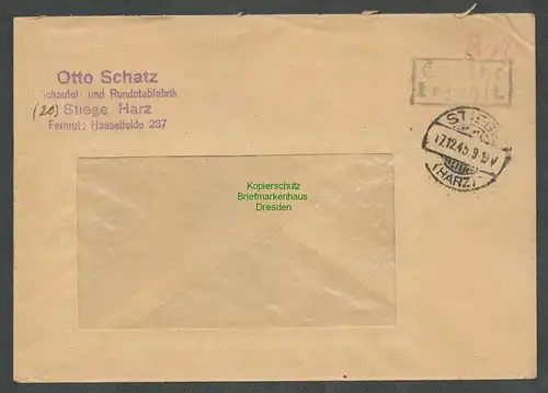 B6122 Brief SBZ Gebühr bezahlt 1945 Stiege Harz Rundstabfabrik Otto Schatz