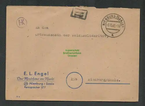 B6208 Brief SBZ Gebühr bezahlt 1945 Nienburg Saale Modehaus Engel Ortsbrief