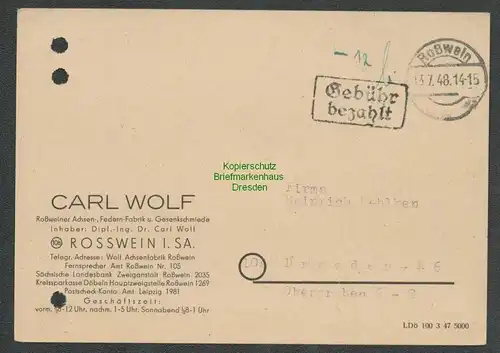 B6222 Postkarte SBZ Gebühr bezahlt 1945 Rosswein Achsenfabrik Wolf