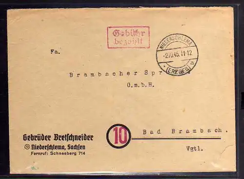 B628 SBZ Brief Gebühr bezahlt 1945 Niederschlema Erzgebirge nach Bad Brambach