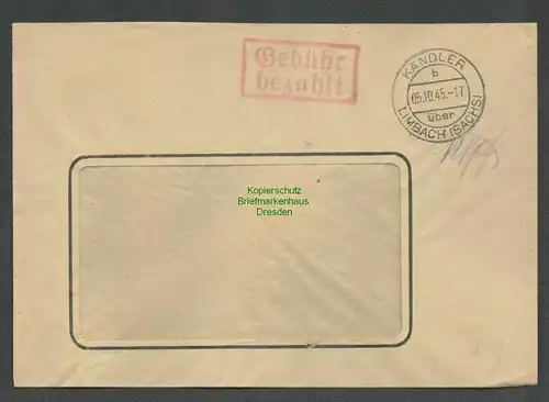 B6179 Brief SBZ Gebühr bezahlt 1945 Kändler über Limbach Sachs Wirkwaren Fabrik