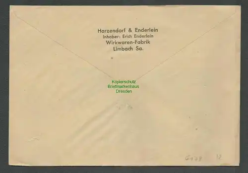 B6179 Brief SBZ Gebühr bezahlt 1945 Kändler über Limbach Sachs Wirkwaren Fabrik