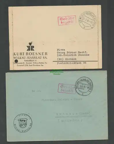 B6271 2x Brief Postkarte SBZ Gebühr bezahlt 1945 Wilkau-Hasslau Stadt Wappen