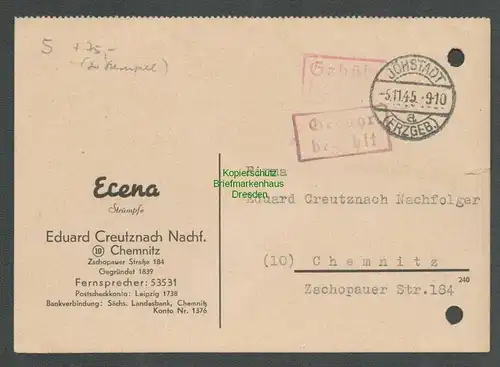B6294 Postkarte SBZ Gebühr bezahlt 1945 Jöhstadt Ecena Strümpfe n. Chemnitz
