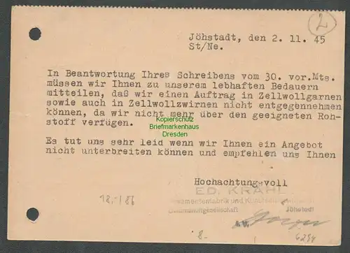 B6294 Postkarte SBZ Gebühr bezahlt 1945 Jöhstadt Ecena Strümpfe n. Chemnitz