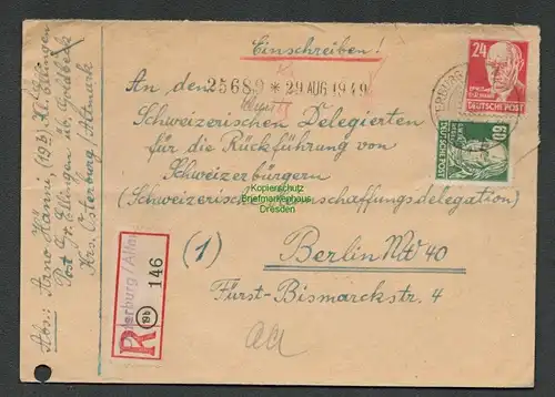 B6648 SBZ Brief Osterburg 1949 Rückführung von Schweizerbürgern Schweizerische