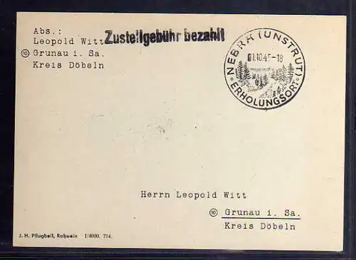 B608 Karte SBZ Gebühr bezahlt 1945 Nebra Sonderform Zustellgebühr bezahlt