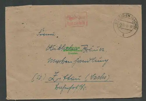 B6106 Brief SBZ Gebühr bezahlt 1945 St. Egidien Sachs. Notumschlag nach Zittau