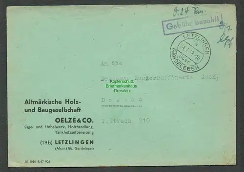 B6080 Brief SBZ Gebühr bezahlt 1948 Letzlingen über Gardelegen nach Dessau