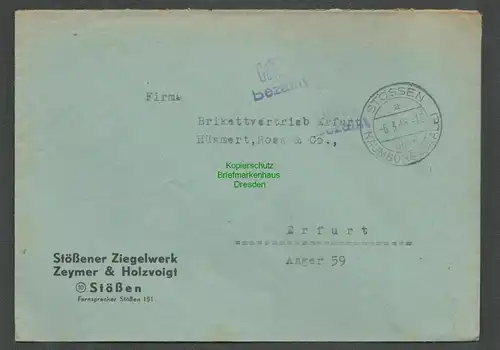 B6121 Brief SBZ Gebühr bezahlt 1946 Stössen über Namburg Saale Ziegelwerk nach