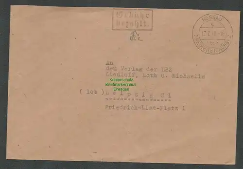B6091 Brief SBZ Gebühr bezahlt 1945 Nassau über Freiberg Sachs. nach Leipzig